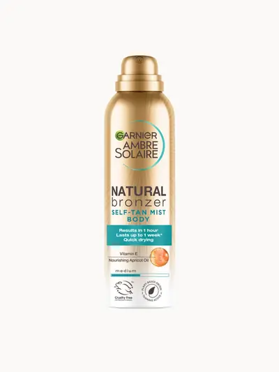 Ambre Solaire Natural Bronzer Quick Drying Dark Self Tan Face Mist 75ml Garnier — embalagem e produto