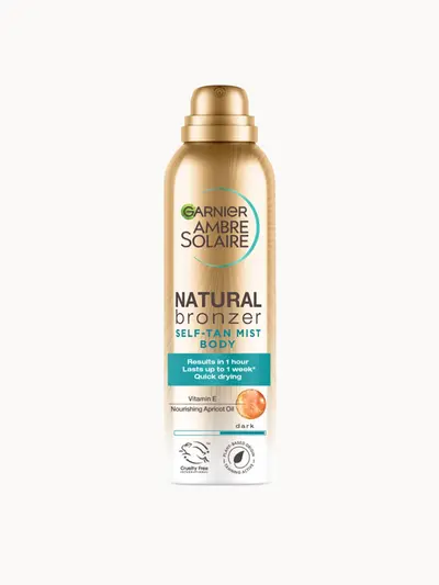 Ambre Solaire Natural Bronzer Quick Drying Self Tan Body Mist Dark 150ml Garnier — embalagem e produto