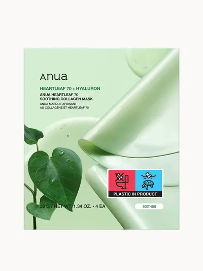 Anua Heartleaf 70 Soothing Collagen Mask (4 Sheets) 38g Anua — embalagem e produto