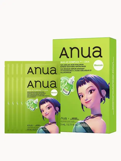 Anua KPop Demon Hunters Azelaic Acid Hyaluron Redness Soothing Serum Mask (10PCS) Anua — embalagem e produto