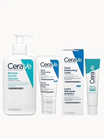 CeraVe 3-Step Blemish Control and Moisturising Evening Routine for Oily to Blemish-Prone Skin with Salicylic Acid CeraVe — embalagem e produto