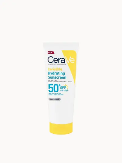 CeraVe Invisible Hydrating Sunscreen SPF 50 for body, face, & all skin types with 3 essential ceramides 177 ml CeraVe — embalagem e produto