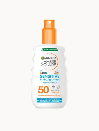 Garnier Ambre Solaire Kids' SPF 50+ Sensitive Advanced Sun Spray 150ml Garnier — embalagem e produto