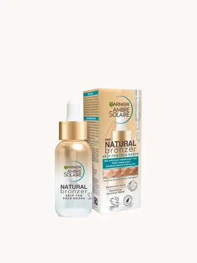 Garnier Ambre Solaire Natural Bronzer Self-Tan Face Drops 30ml Garnier — embalagem e produto