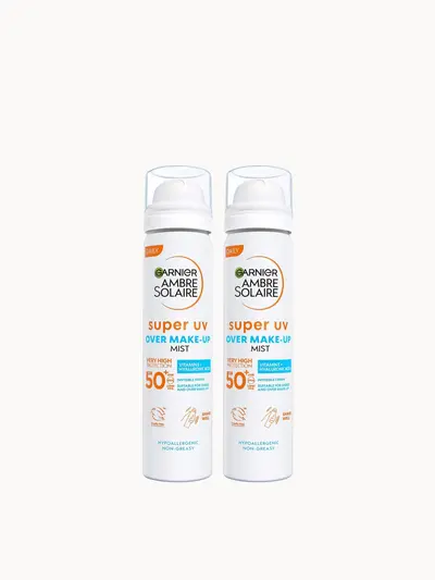 Garnier Ambre Solaire Over Makeup Super UV Protection Mist SPF50+ With Hyaluronic Acid And Vitamin E, 75ml Garnier — embalagem e produto