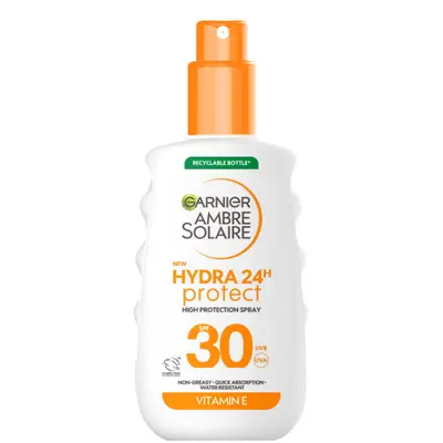 Garnier Ambre Solaire SPF 30 Hydra 24 Hour Protect Hydrating Sun Cream Spray With Vitamin E, 150ml Garnier — embalagem e produto
