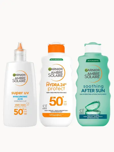 Garnier Ambre Solaire SPF50+ Suncream Face, Body & Aftersun Bundle Garnier — embalagem e produto