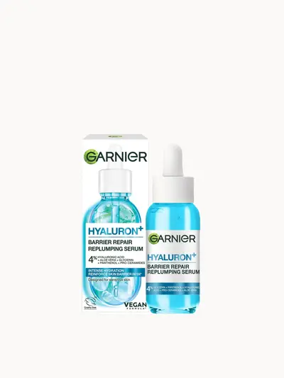 Garnier Hyaluron+ Barrier Repair Replumping Serum 4% [Glycerin + Panthenol + Hyaluronic Acid + Pro-Ceramides + Aloe Vera] 30ml Garnier — embalagem e produto