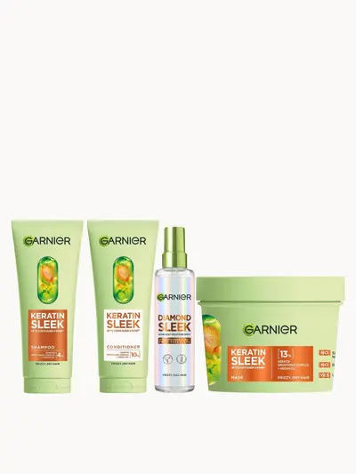 Garnier Keratin Sleek 4-Step Shine Bundle Garnier — textura e acabamento