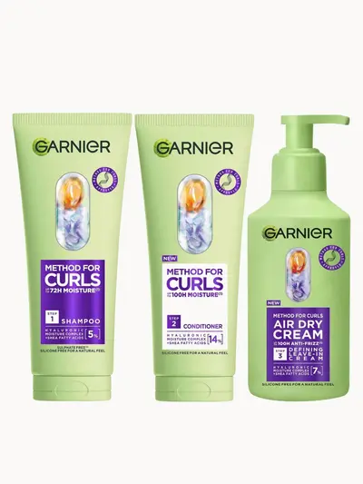 Garnier Method for Curls Shampoo, Conditioner and Air Dry Cream Bundle Garnier — textura e acabamento
