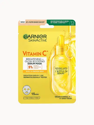 Garnier SkinActive Moisture Bomb Vitamin C Sheet Mask 28g Garnier — embalagem e produto