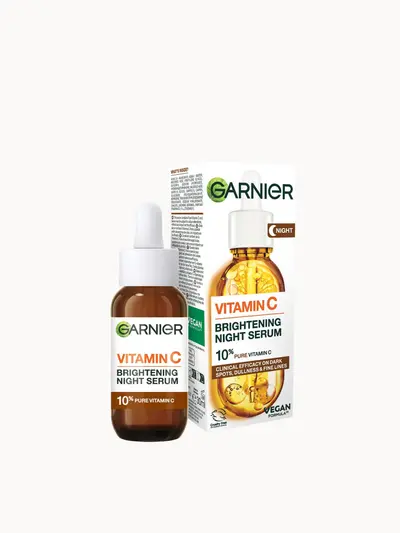 Garnier Targeted Anti Dark Spot Night Serum for Face, 10% Pure Vitamin C & Hyaluronic Acid 30ml Garnier — embalagem e produto
