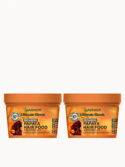 Garnier Ultimate Blends Papaya 3-in-1 Damaged Hair Mask Duo Garnier — embalagem e produto