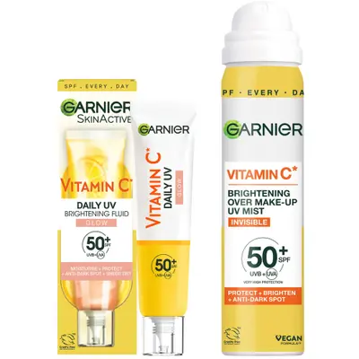 Garnier Vitamin C Brightening SPF50 Mist & Glow Fluid Sun Protection Bundle Garnier — textura e acabamento