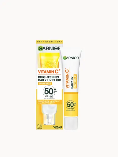 Garnier Vitamin C Daily UV Brightening Fluid Invisible SPF 50+ 40ml Garnier — embalagem e produto