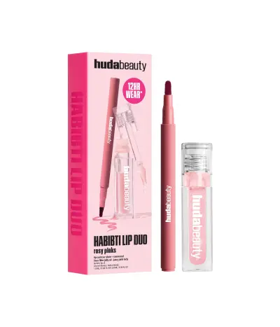 Habibti Rosy Pink Lip Duo Huda Beauty — embalagem e produto