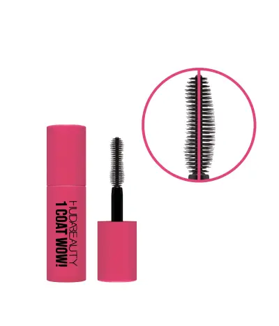 Huda Beauty 1 Coat WOW! Extra Volumizing and Lifting Mascara Mini Huda Beauty — embalagem e produto