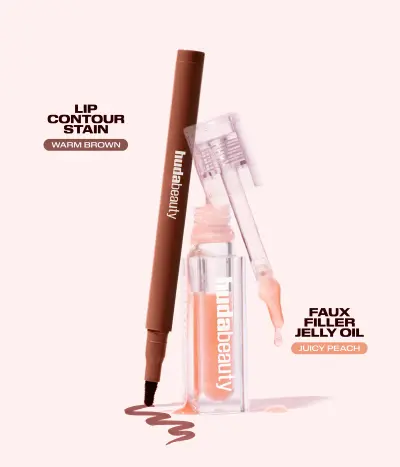 Kiss Me Lip Duo Set – Warm Peach Huda Beauty — embalagem e produto
