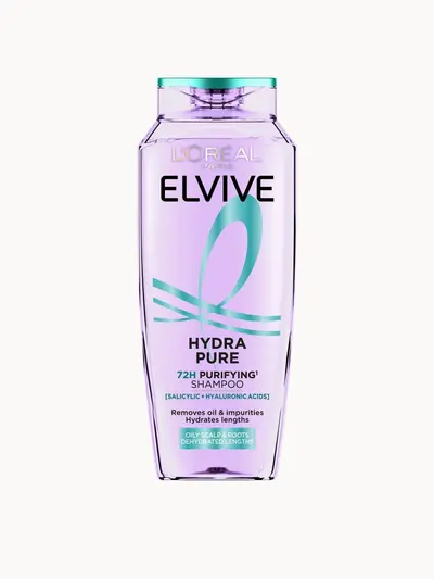 L’Oréal Paris Elvive Hydra Pure 72H Purifying Shampoo with Hyaluronic & Salicylic Acids for Oily Scalp & Dehydrated Lengths 500ml L'Oréal Paris — embalagem e produto