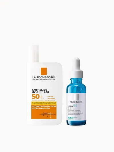La Roche-Posay Daily Replump and Protect Set: Hyalu B5 Hyaluronic Acid Serum + SPF50 La Roche-Posay — embalagem e produto