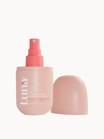 Luna Daily The Hydrating Everywhere Spray-To-Wipe - pH-balancing Body Spray With Prebiotics + Omegas 3 & 6 for Dry Skin 80ml — embalagem e produto
