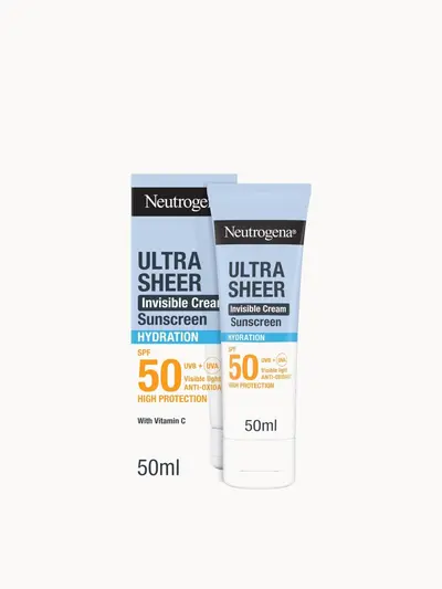 Neutrogena Ultra Sheer Invisible Cream Sunscreen Hydration SPF50 Neutrogena — embalagem e produto