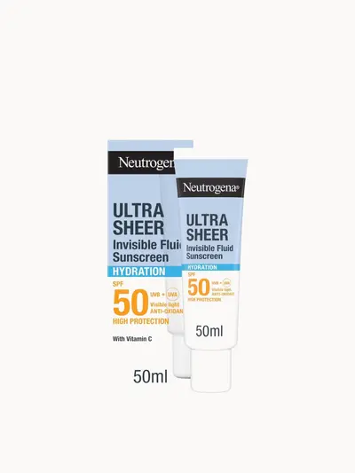 Neutrogena Ultra Sheer Invisible Fluid Sunscreen Hydration SPF50 Neutrogena — embalagem e produto