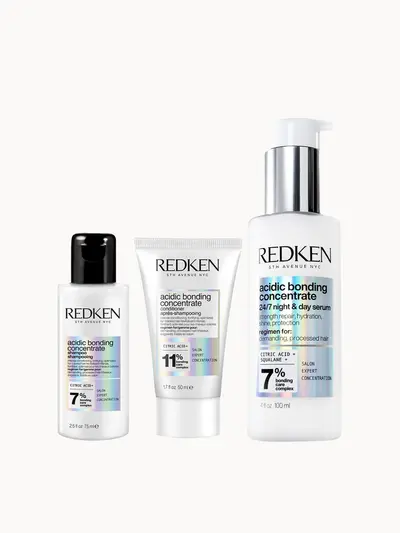 Redken Acidic Bonding Concentrate Shampoo 75ml, Conditioner 50ml and 24/7 Night and Day Serum 100ml Redken — textura e acabamento