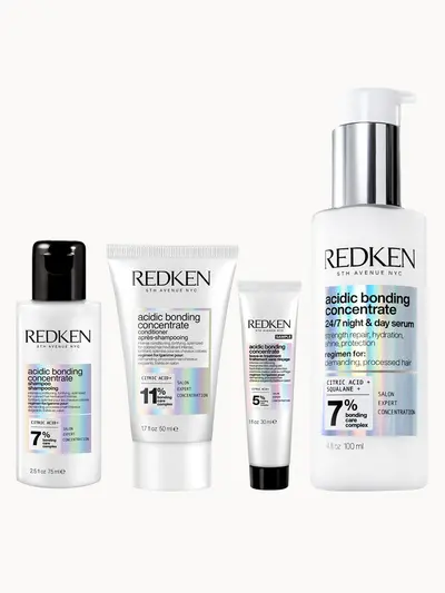 Redken Acidic Bonding Concentrate Shampoo 75ml, Conditioner 50ml, Leave-in Treatment 30ml and 24/7 Night and Day Serum 100ml