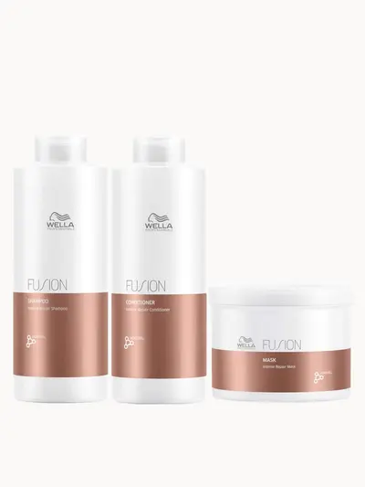 Wella Professionals Fusion Repair Shampoo, Conditioner and Mask Super Size Regime Bundle Wella Professionals — embalagem e produto