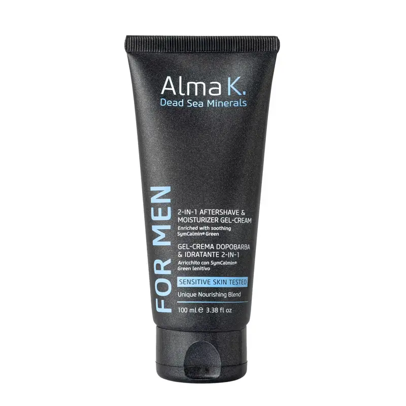 Alma K 2-IN-1 AFTERSHAVE & MOISTURIZER Aftershave — embalagem e produto