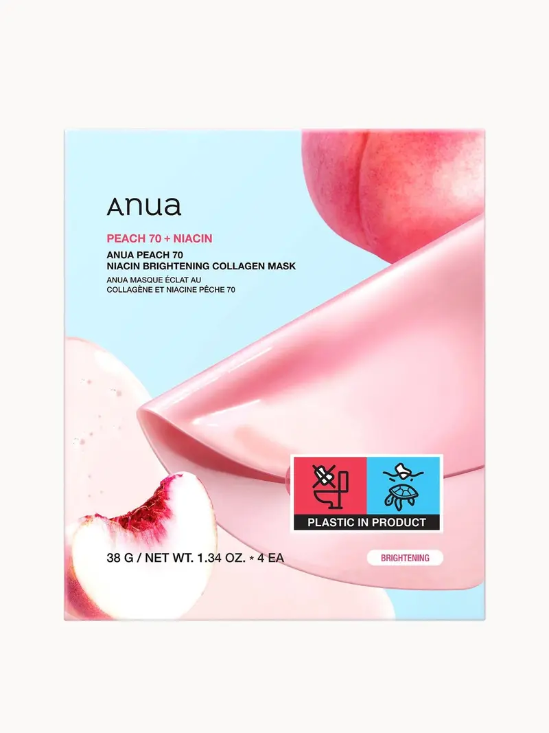 Anua Peach 70 Niacin Brightening Collagen Mask (4 Sheets) 38g Anua — embalagem e produto