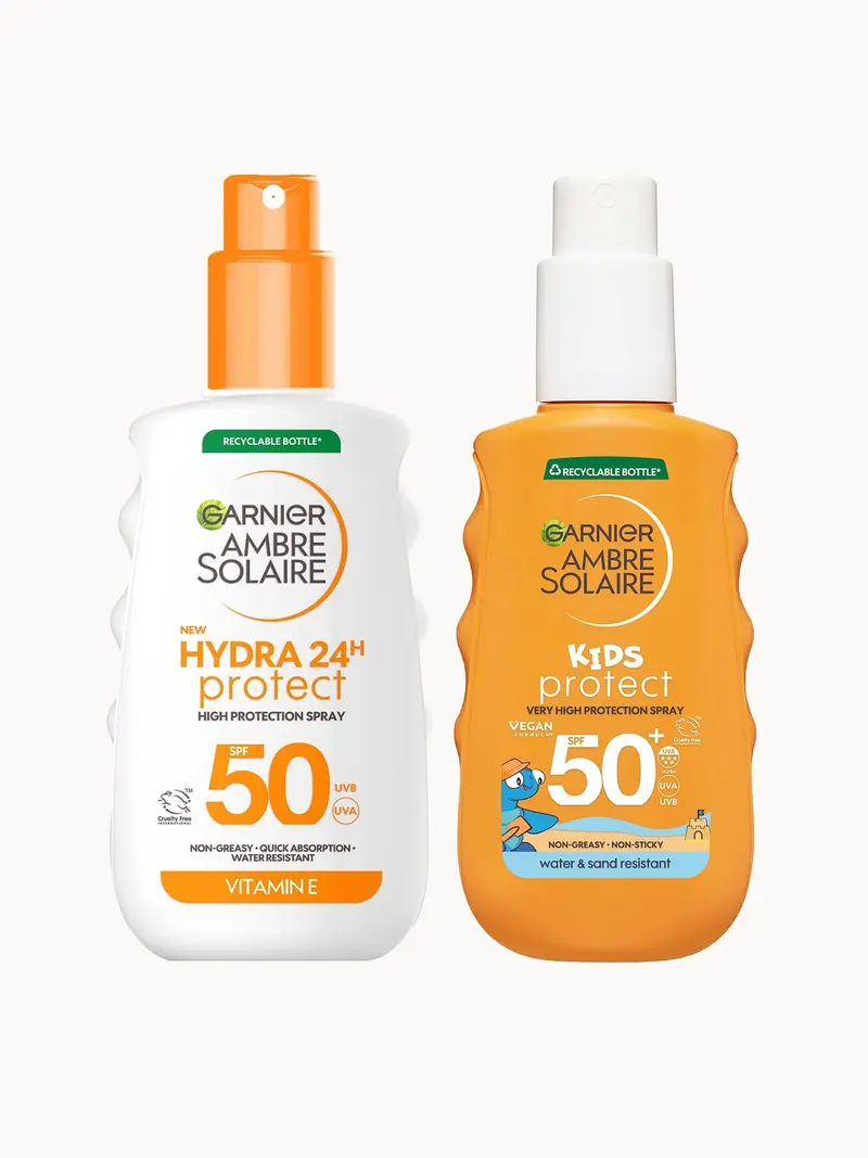 Garnier Ambre Solaire Adults & Kids SPF50 Suncream Spray 150ml Bundle Garnier — embalagem e produto