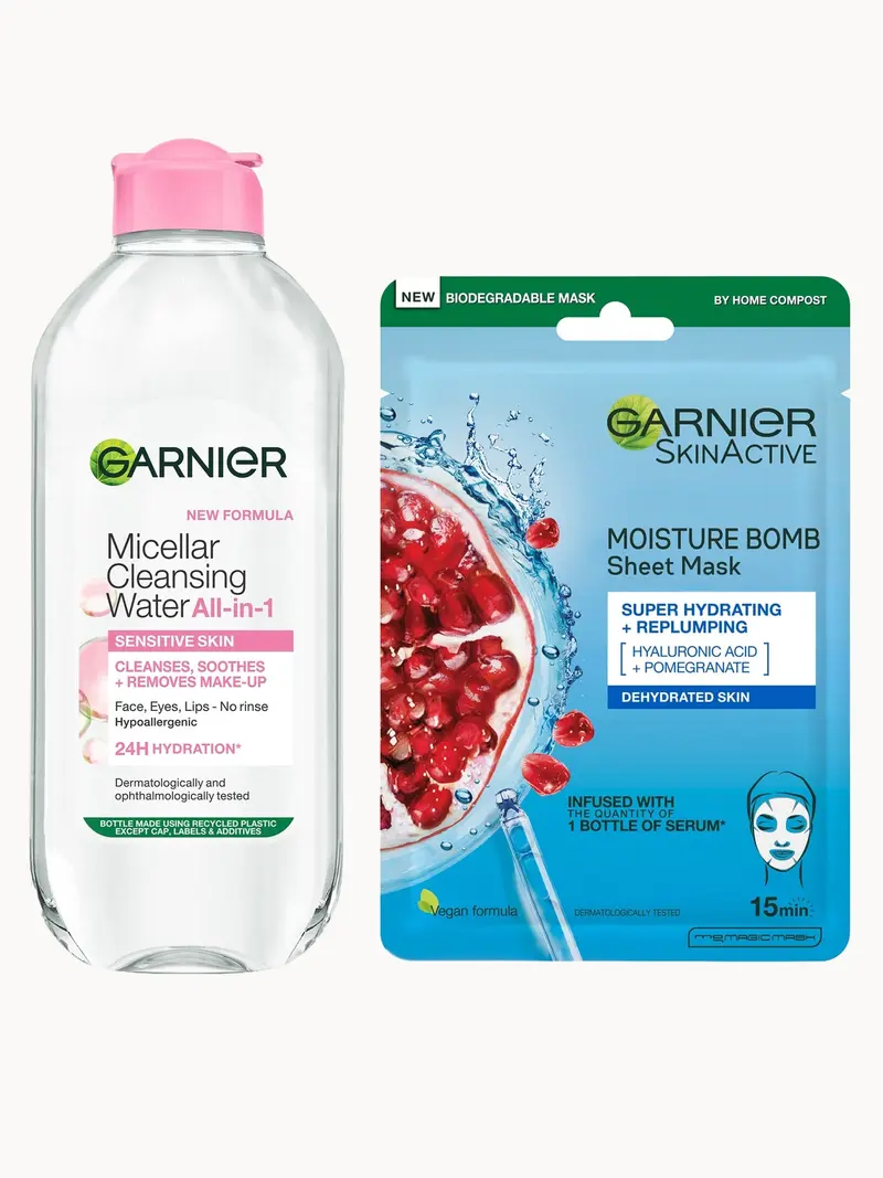 Garnier Micellar Water Sensitive Skin and Hydrating Face Sheet Mask for Dehydrated Skin Kit Exclusive (Worth £8.98) Garnier — embalagem e produto