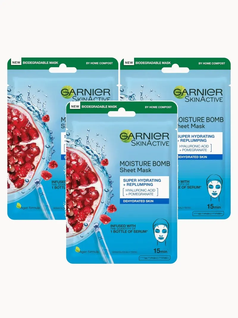 Garnier Moisture Bomb Pomegranate and Hyaluronic Acid Face Sheet Mask Trio Garnier — embalagem e produto