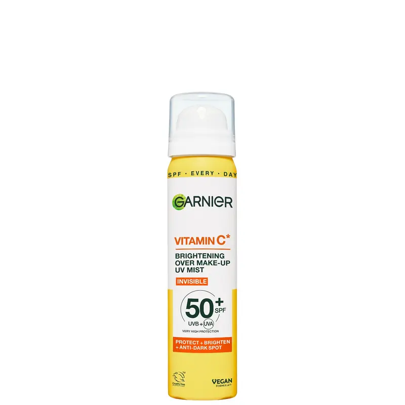 Garnier Vitamin C Brightening Over Make-Up UV Mist, Invisible Protection, SPF50+, 75ml Garnier — embalagem e produto