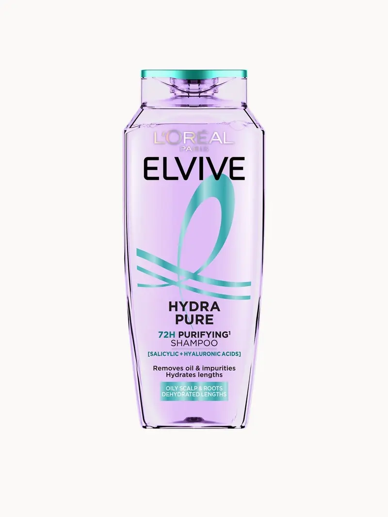 L’Oréal Paris Elvive Hydra Pure 72H Purifying Shampoo with Hyaluronic & Salicylic Acids for Oily Scalp & Dehydrated Lengths 500ml L'Oréal Paris — embalagem e produto