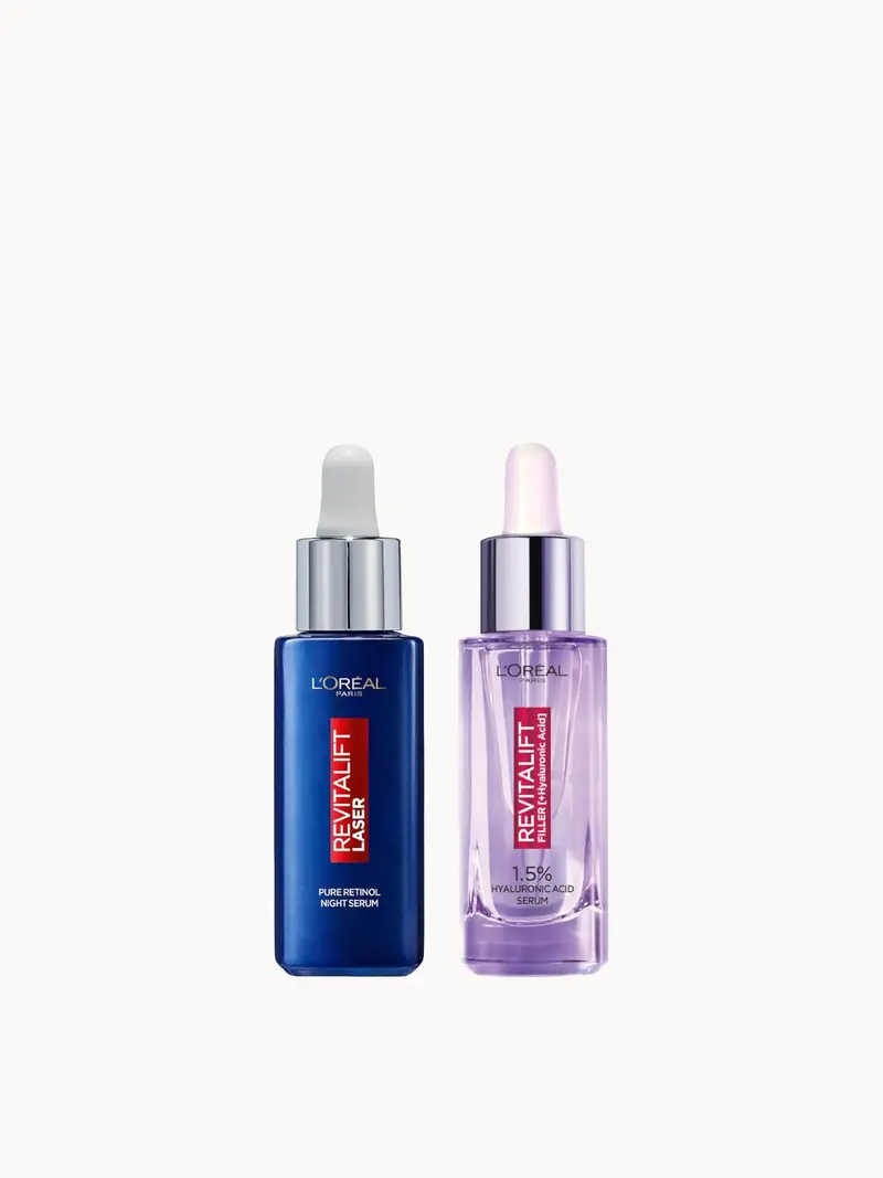 L'Oréal Paris Hyaluronic Acid Serum and Revitalift Laser Retinol Serum Bundle L'Oréal Paris — embalagem e produto