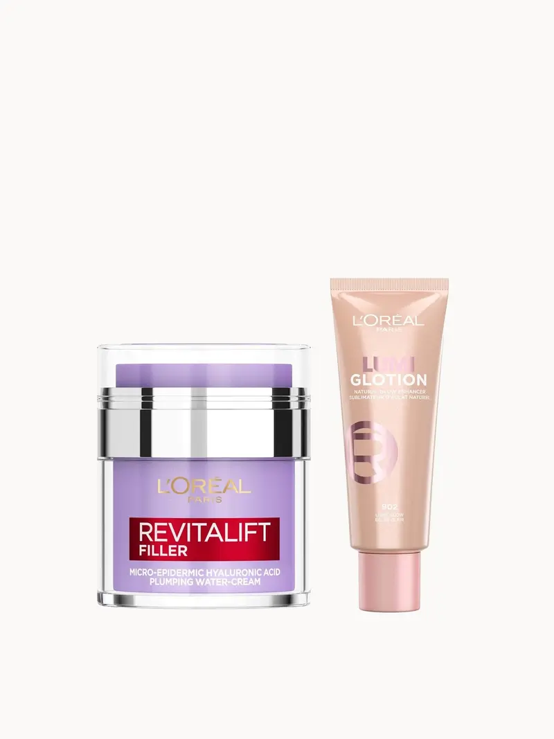 L'Oréal Paris Hyaluronic Filler Water Cream & Lumi Glotion Bundle (Various Shades) L'Oréal Paris — embalagem e produto