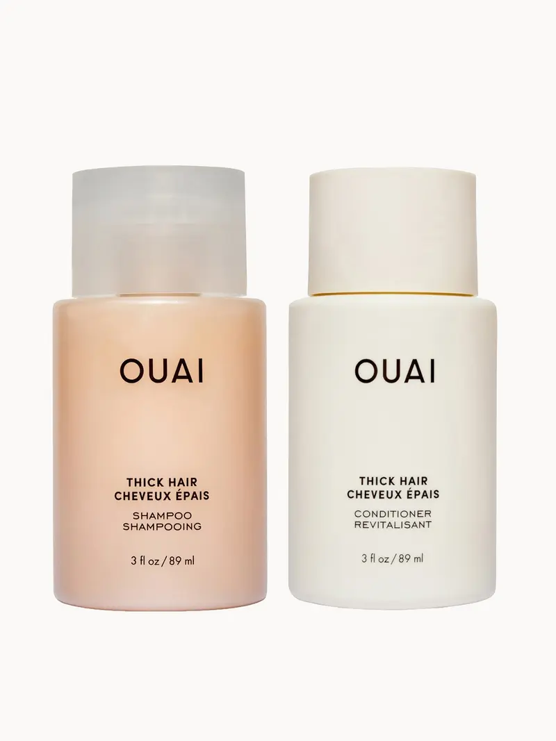 OUAI Thick Shampoo and Conditioner Travel Bundle OUAI — embalagem e produto