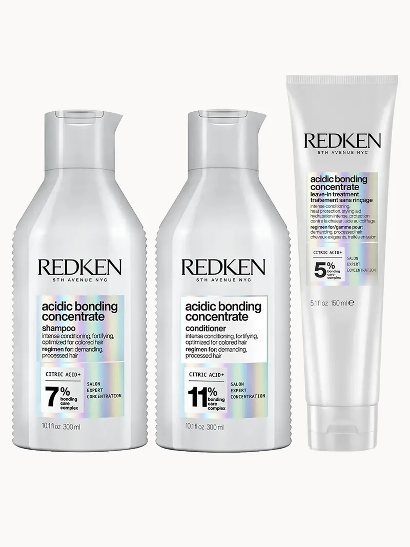 Redken Acidic Bonding Concentrate Shampoo 300ml, Conditioner 300ml and Leave-In Treatment 150ml Bond Repair Bundle Redken — embalagem e produto