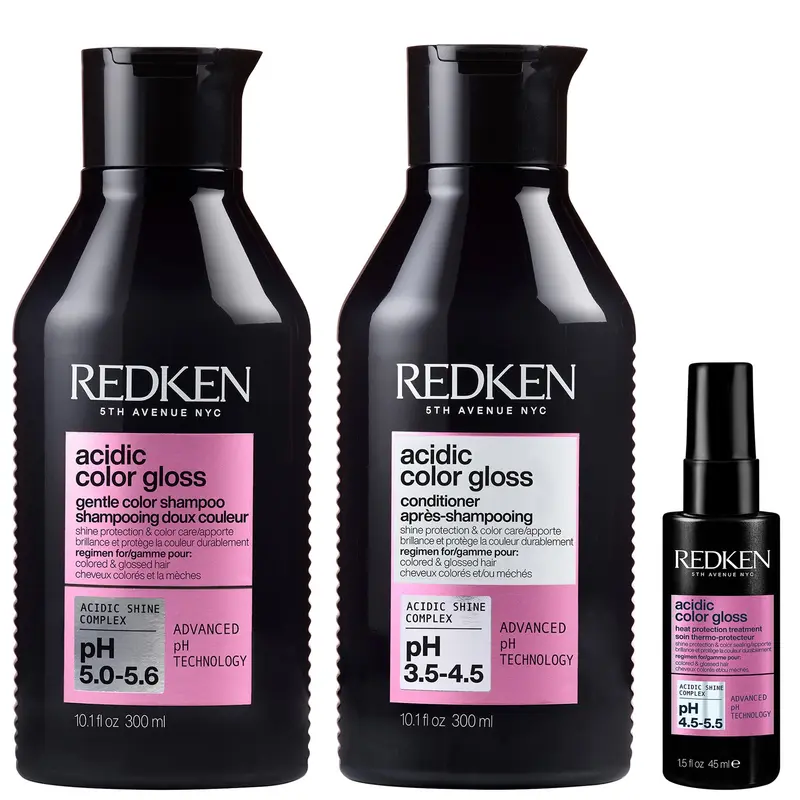 Redken Acidic Color Gloss Shampoo 300ml, Conditioner 300ml and Heat Protection Treatment 45ml, Glass-Like Shine (Worth £57.49) Redken — embalagem e produto