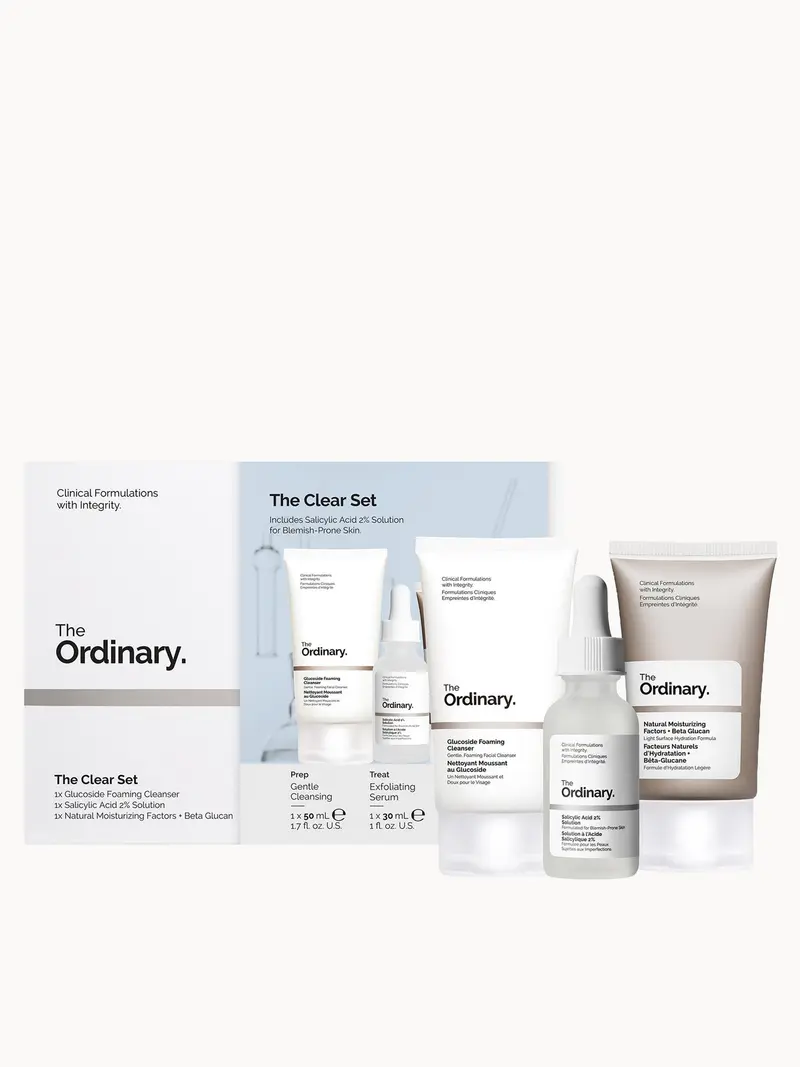 The Ordinary The Clear Set for Blemish-Prone Skin with Salicylic Acid The Ordinary — embalagem e produto