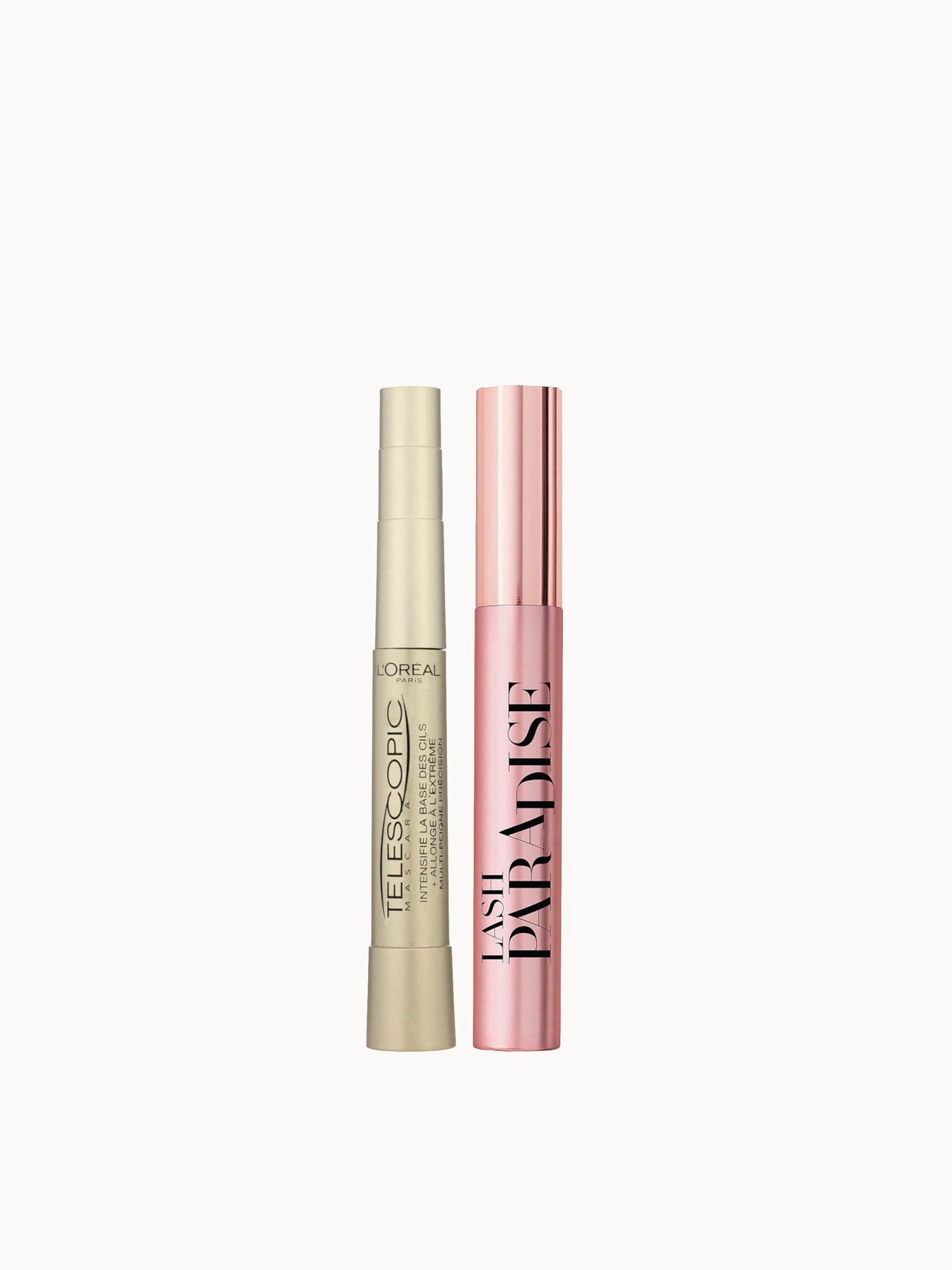 L'Oréal Paris Telescopic Mascara for More Length and Lash Paradise Volume Mascara Bundle — embalagem e produto