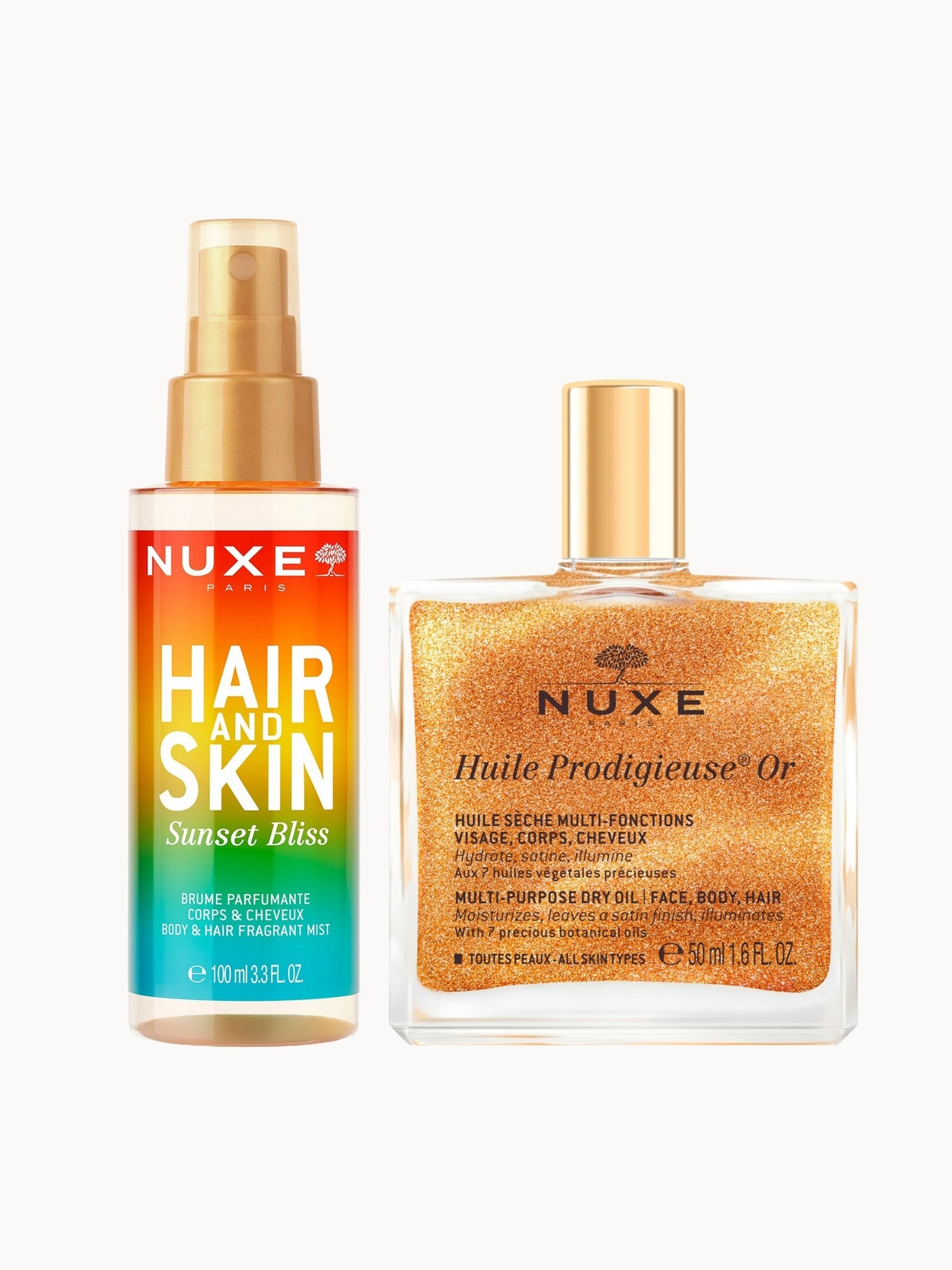 NUXE Huile Prodigieuse Shimmering Multi-Purpose Dry Oil 50ml & 'Sunset Bliss' Hair & Body Fragrance Mist 100ml Bundle — embalagem e produto