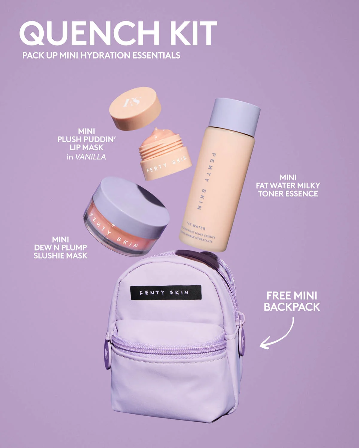 Embalagem de Quench Kit Mini 3 Piece Hydrating Skincare Set + Bag em Luanda, Angola - Cosméticos de Luxo Seth
