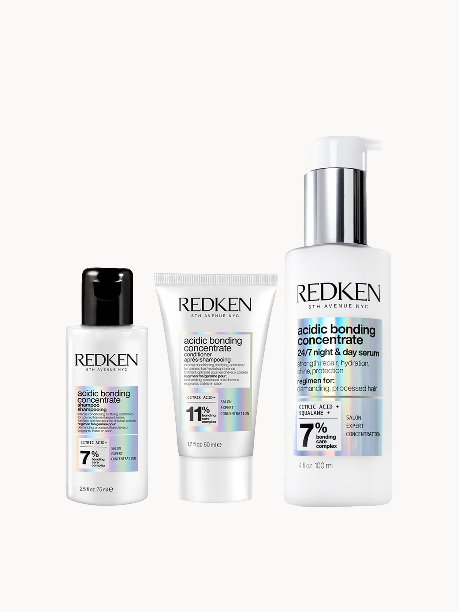 Redken Acidic Bonding Concentrate Shampoo 75ml, Conditioner 50ml and 24/7 Night and Day Serum 100ml Redken — textura e acabamento