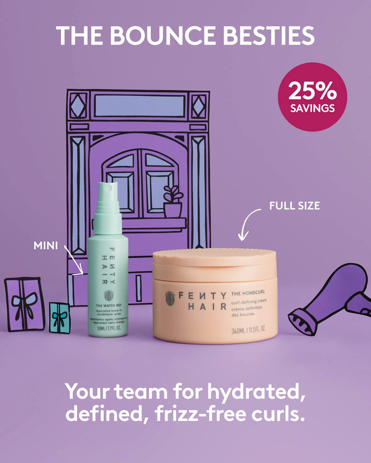 Embalagem de The Bounce Besties Mini Leave In Conditioner Spray + Full Size Curl Defining Cream em Luanda, Angola - Cosméticos de Luxo Seth