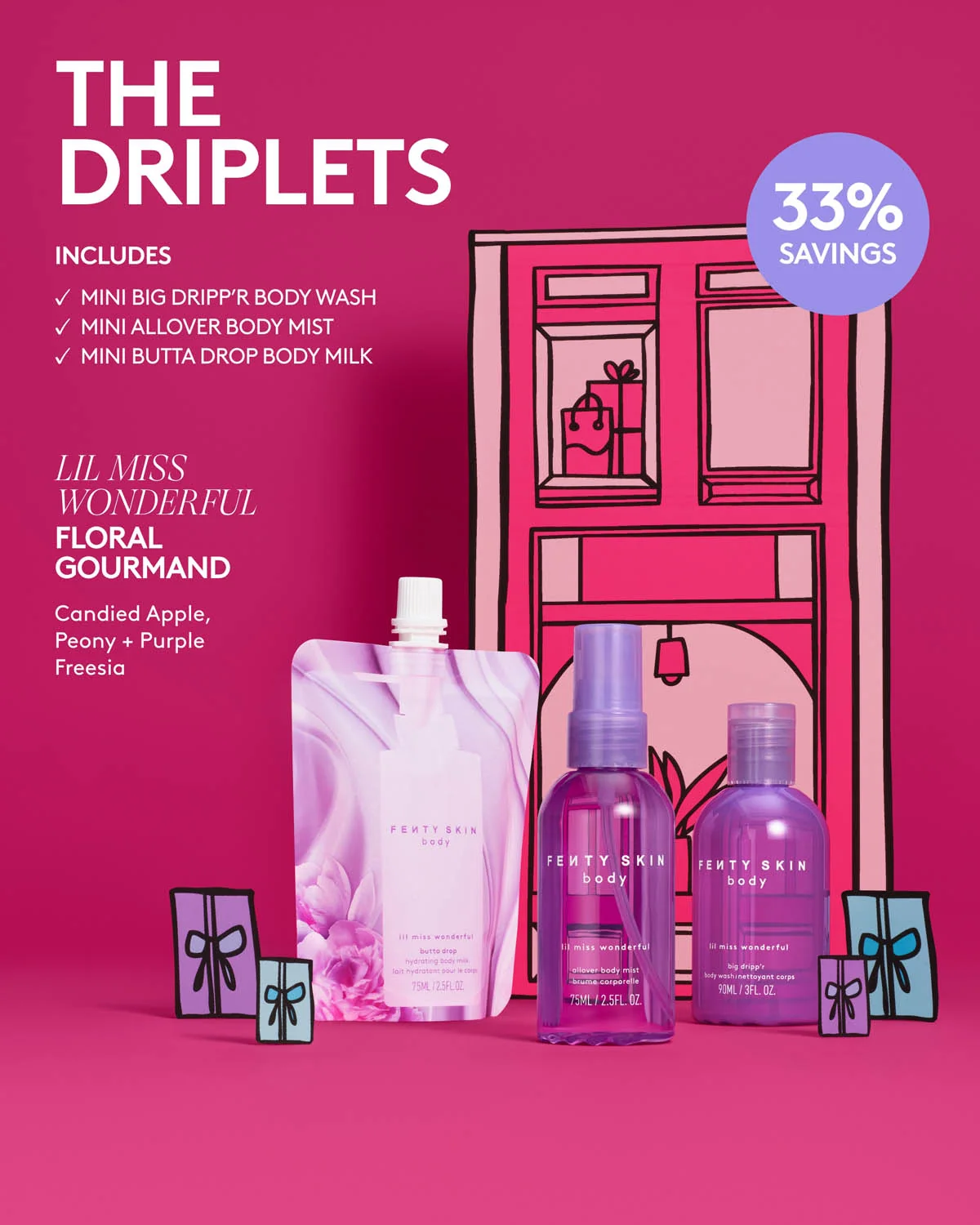 Embalagem de The Driplets Mini Body Wash, Milk + Mist Set em Luanda, Angola - Cosméticos de Luxo Seth