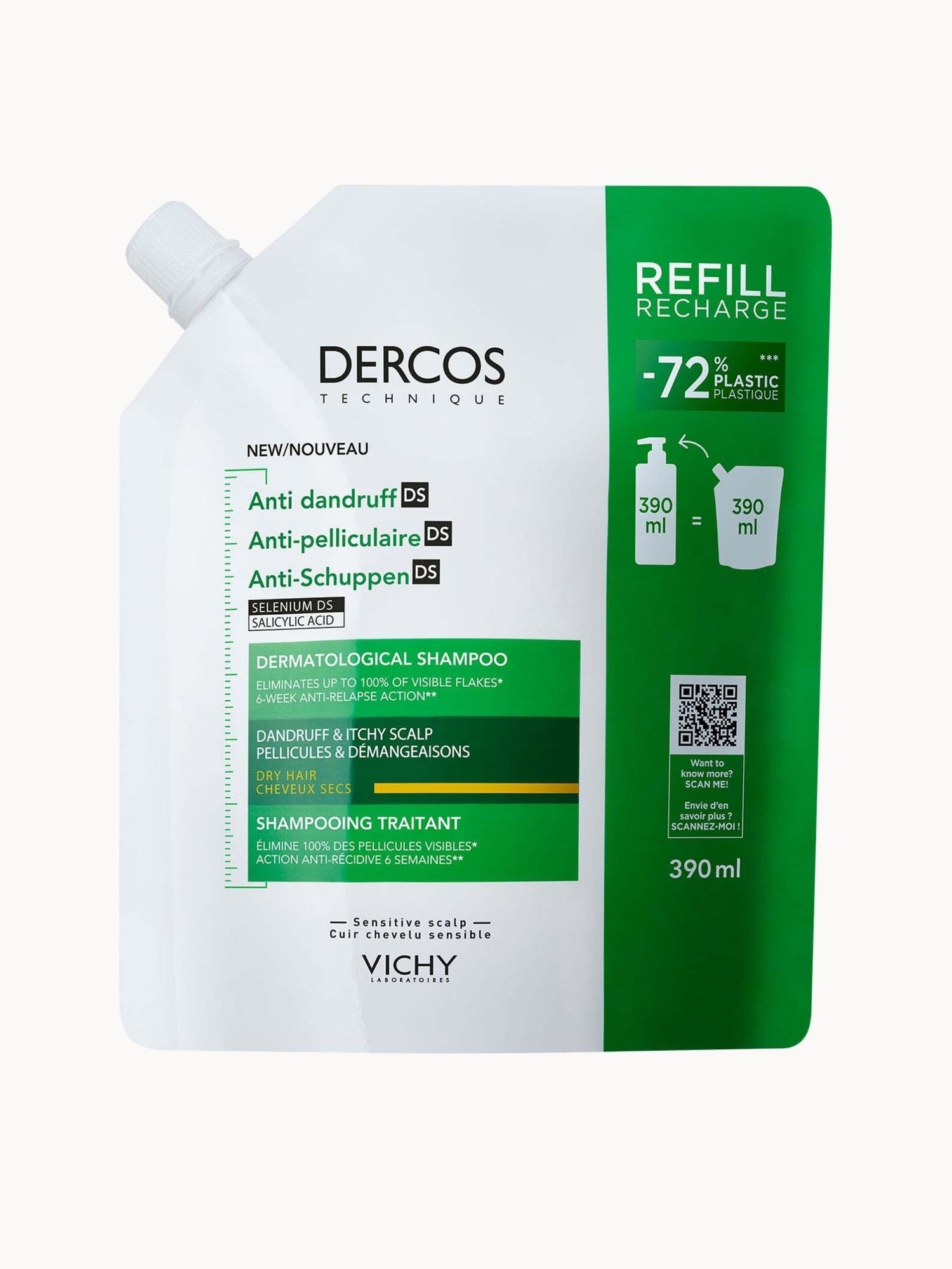 Vichy Dercos Anti-Dandruff Dermatological Shampoo for Dry Hair Refill 390ml Vichy — textura e acabamento